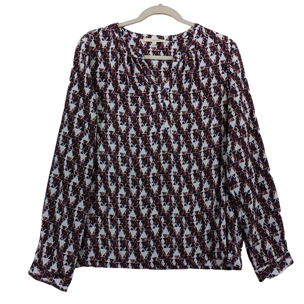 41 Hawthorn Geometric Blouse M Red VNeck Roll Tab Long Sleeves Office Top Career